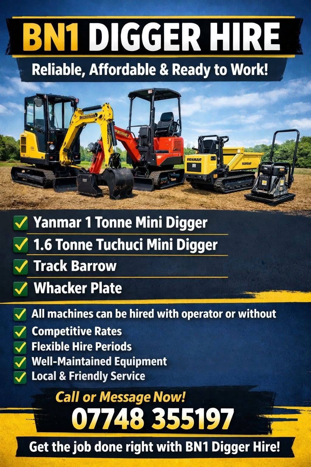 BN1 Digger Hire: Yanmar 1 tonne and 1.6 tonne mini diggers, tracked barrow and wacker plate for hire